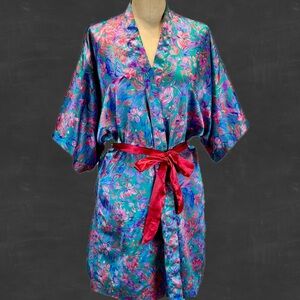 VINTAGE 80s moody floral wrap robe silky midi lingerie Val Mode teal purple